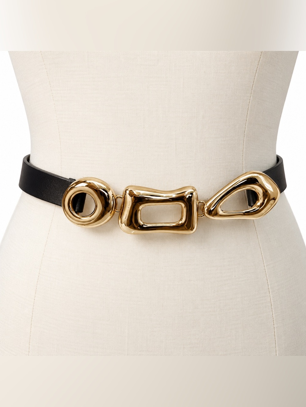 Chico’s Dark Brown Genuine Leather Statement Belt Gold Tone Sculptural Buckle ML